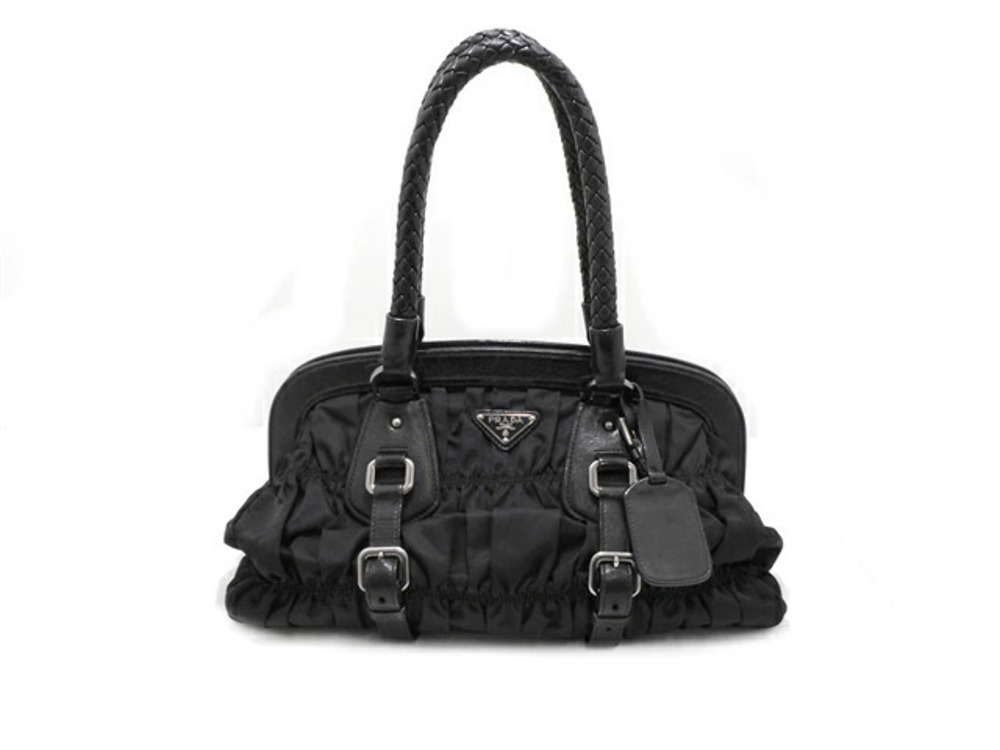 Prada bag handbag gathered clasp closure calfskin black